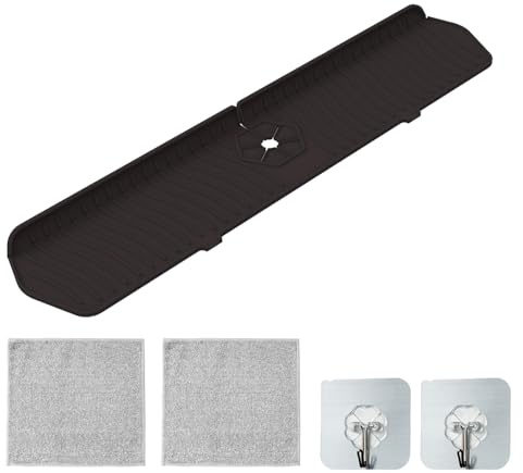 CLKE Kitchen Sink Splash Guard, Extra Long Silicone Faucet Mat with Suction Cups, Drip Catcher Tray & Countertop Protector for Farmhouse Sink, Bathroom Worktop