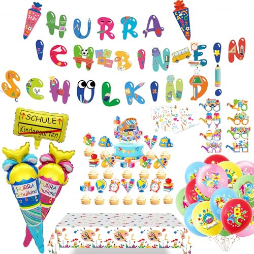 Nexum Einschulung Deko Junge Mädchen 2025 Set Schulkind Girlande Einschulung Banner Wimpel Kuchen Deko Schulanfang Dekoration Schulkind Partybrillen Tortendeko servietten Tischdecke