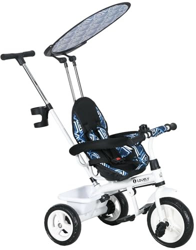 HOMCOM Triciclo para Bebés 6 en 1 Triciclo Evolutivo para Niños de +12 Meses con Toldo Plegable Mango de Empuje Telescópico y Desmontable Asiento Ajustable Cesto y Portabotellas Azul y Blanco