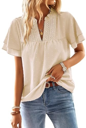 TUUHAW T Shirt Donna Elegante Manica Corta Magliette con Scollo a V Estiva | Boho Camicia, Casual Volant Abbigliamento, Pizzo Top, Casual Camicia, Traspirante Classica Lavoro, Vintage Affari Tunica Moda