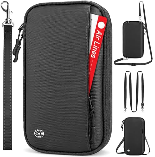 Porta Documenti da Viaggio, Borsa a Tracolla per Passaporti Famiglia, Nero | Protezione RFID, Portafoglio Multifunzionale Anti-spruzzo per Passaporti, Carte di Credito, Contanti, Capiente e Leggera