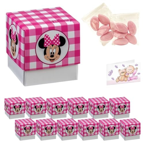 Ingrosso e Risparmio Bomboniere Nascita Bimba Set 12 Scatoline Bianco e Fucsia a Quadri con Topolina Bigliettini Personalizzabili Bustine Confetti Rosa Cioccolato Portaconfetti BattesimoFemminuccia