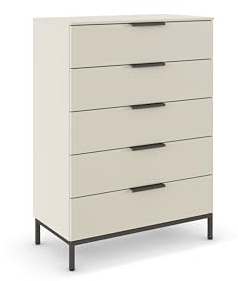 Rauch Möbel Flipp, Kommode, Farbe Beige, Breite 80 cm | Sideboard, 5 Schubladen, Soft-Close, Griffe, Metallkufe Graphit für Schlafzimmer, Gästezimmer, Wohnzimmer