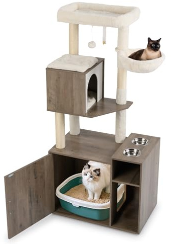 GYMAX Multi-level Cat Tree with Litter Box Enclosure, Wooden Cat Tower with Sisal Scratching Posts & Mat, 2 Feeding Bowls and Dangling Ball, Kitty Activity Center for Indoor Cats (Oak Grey)
