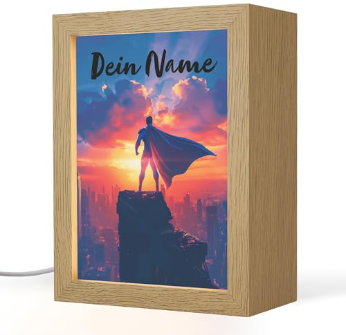 OnlyWow© Nachtlichter & Schlummerleuchten Für Kinder Mit Name Baby | 15x20 cm - Nachtlicht Personalisiert Nachttischlampe Jugendzimmer Superheld - Stadt - Jungen - Farbenfroh - Sonne