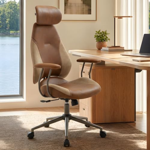 Fabuleux Fauteuil de Bureau Ergonomique en Tissu Effet Daim, Chaise de Bureau à Dossier Haut, Appui-Tête Réglable 3D, Fauteuil de Direction Pivotant, Télétravail, Chambre et Bureau (Marron Classique)