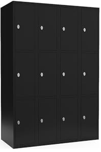 kaiserkraft | 3er-Schließfachschrank Fydor | 4 Abteile | Schwarz | B 1200 mm | Flache Dachform | Vorhängeschloss