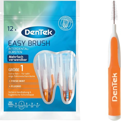 DenTek Easy Brush Größe 1 (12 Stück) – Extra feine Interdentalbürsten für Zahnzwischenräume – Interdentalbürste mit Minzgeschmack und Schutzkappe – Für Brücken und Zahnspangen geeignet
