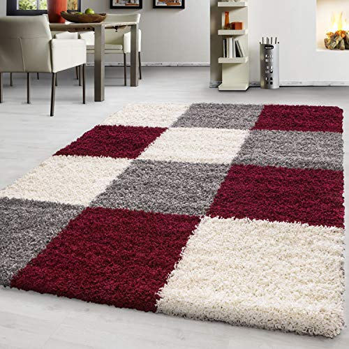 Hochflor Teppich Wohnzimmer Kariertes Design Schlafzimmer Esszimmer Flur Küchenteppich Weich & Flauschig Langflor Pflegeleicht Rechteckig Teppich in Farbe: Rot, Grösse: 120 x 170 cm