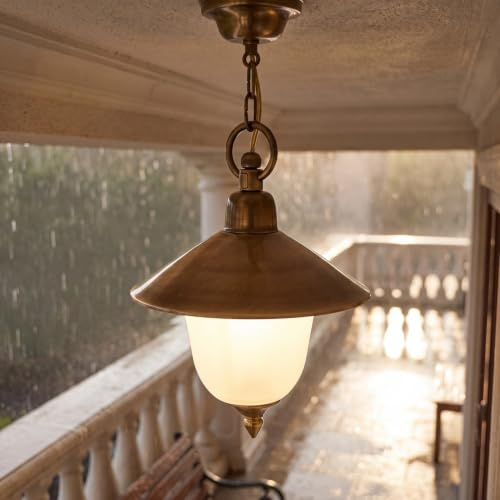 Licht-Erlebnisse Außen Hängeleuchte Messing Glas IP23 Rustikal wetterfest ANDROS Messinglampe Garten Terrasse Balkon
