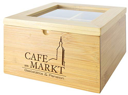Teebox KATLA Holz Bambus Teekiste 4 Fächer mit Gravur Namen von kaufdeingeschenk, rustikal, 14,1cm (l) x 14,1cm (b) x 7,9 cm (h)