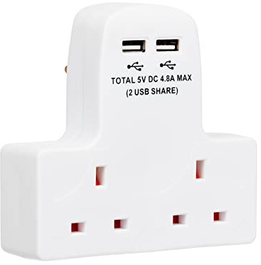 Invero 2 Way Gang Cable-Free Multi-Plug 13A Wall Socket Adaptor with 2x USB Charging Ports 4.8A - White