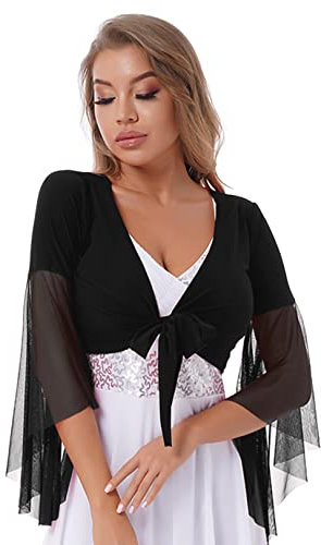 FEESHOW Damen Bauchtanz Kostüm Oberteil Spitzen Bolero Vorne Offen Quaste Cardigan Wickeljacke mit Tanz Belly Dance Outfit Top Schwarz B One Size