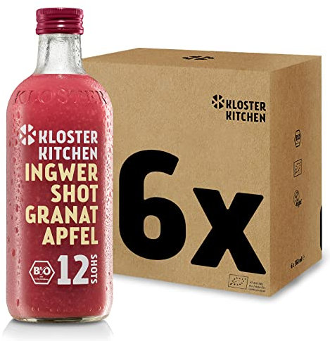 Kloster Kitchen Bio Ingwer Shot Granatapfel 12SHOTS 6x 360 ml mit Ingwerstückchen I Ingwershot vegan I Glasflasche I süß-scharf ohne Zusatzstoffe & mit natürlicher Süße (inkl. 1,50€ EINWEG Pfand)