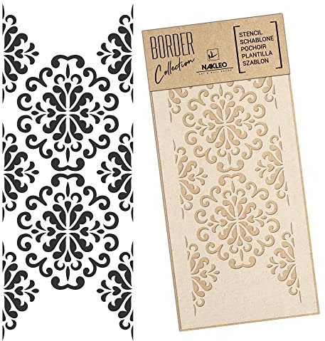NAKLEO Bordüre Schablone zum Malen 21x45 cm, Damast Ornament Klassisch Muster, Kunstoff Wiederverwendbare Wandchablone, Handwerk DIY Dekoration, Stoff Möbel Holz Papier