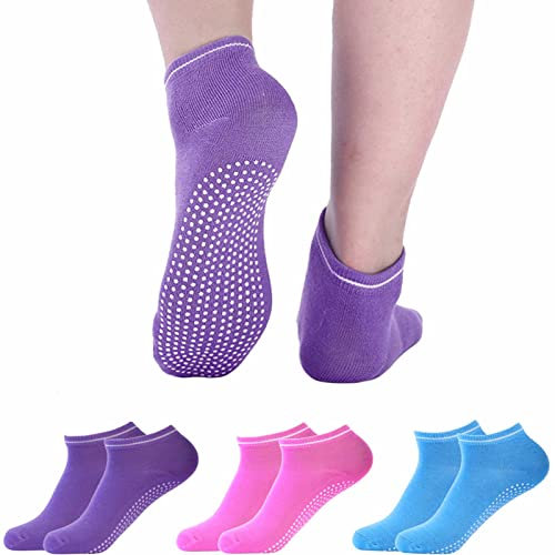 3 Paia Calze Antiscivolo per Donna e Uomo Sport Calze da Sport Yoga Pilates Fitness Arti Ginnastica Cotone Adulti, Antiscivolo, caviglia con puntini in gomma (Viola/Blu/Rosa)