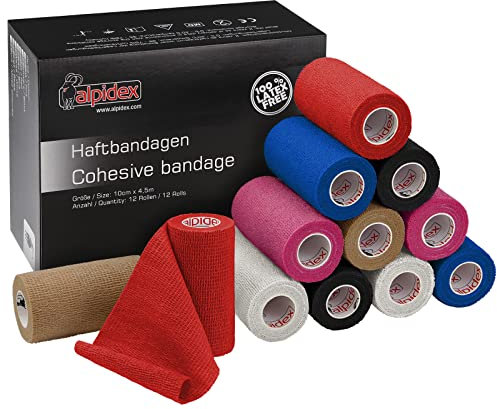 ALPIDEX 12 Rollen Haftbandage 5 cm x 4.5 m Selbstklebender Verband Pet Bandagen Fixierband Sport Vet Wrap Tape Selbsthaftend, Farbe:bunt