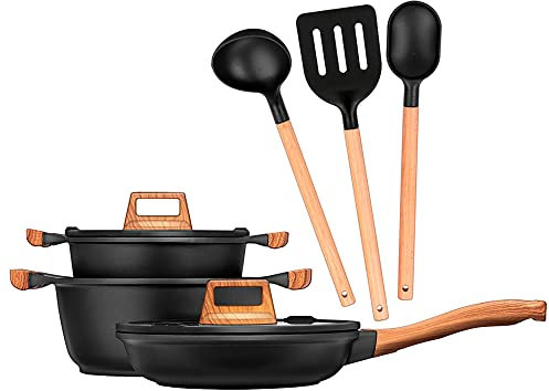 Smile Batterie de cuisine en bois MGK-23-6 pièces - En fonte d'aluminium - Antiadhésive - ILAG - Couvercles en verre - Poêle à frire - Poignées effet bois - Batterie de cuisine en céramique et gaz
