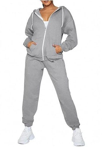 2-teiliges Plaid Trainingsanzug-Set Damen Weiches Fleece Kapuze Reißverschluss Oberteil und Jogginghose Loungewear Sweatsuit, grau, 46