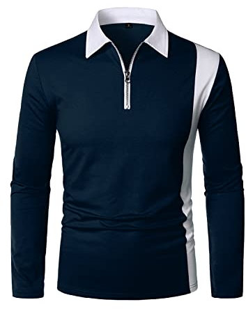HOOD CREW Men’s Long Sleeve Polo Shirts Golf Shirt Casual Contrasting Color Tennis Top Navy