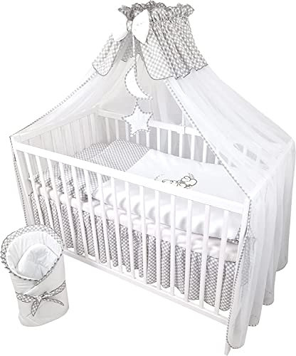Bello24 - 11 Teiliges Kinderbettwäsche Babybettwäsche Komplettset ohne Bett Bestickt mit Teddybär auf Mond Grau (90x120 cm)
