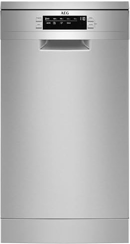 AEG FFB73527ZM Lave-vaisselle 45 cm, 10 couverts, système AirDry, bras asperseur satellite, SoftSpikes, 9 programmes à 4 températures, moteur Inverter, 45 dB(A), Inox, Classe D, Fabriqué en UE