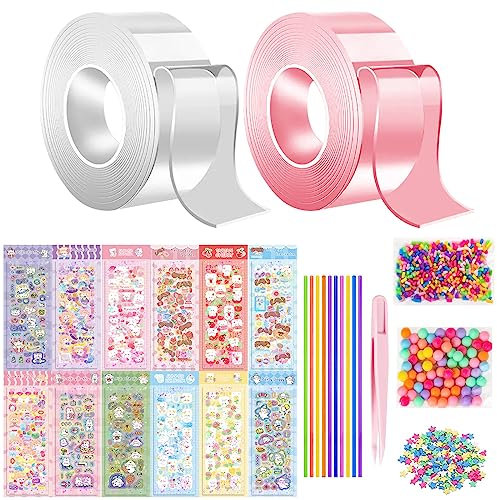 2 Stück 5CM * 3M Aufblasbares Nano Luftpolsterband, Doppelseitiges Klebeband mit Pailletten & Strohhalm, Nano Klebeband Blase, Wasserdichter Selbstklebendes Nano Klebeband für Kinder