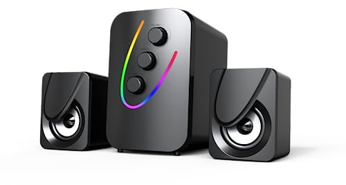 NK Altavoz Gaming x 2 Altavoces de 5W con 7 Colores LED Diferentes, Control Incluido con botón de Volumen, Agudos y Graves, Entrada Cable Jack 3,5 mm, Rango frecuencia 60Hz-20Hz