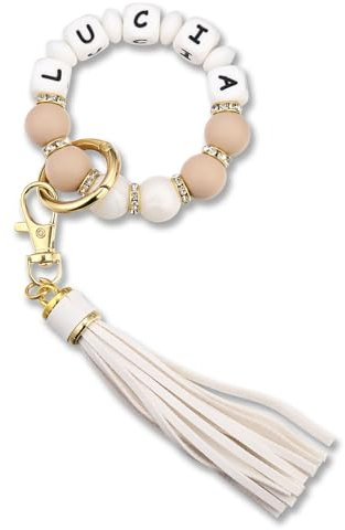 INBLUE Personalizzato Silicone Iniziali Perlina Bracciale Portachiavi con Borsa in Pelle Tassel Accessorio Chiave Regalo per Donne Sorella Madre - Beige