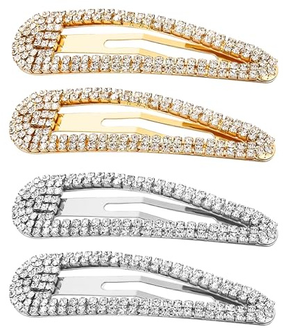 Anei 2 Pairs Rhinestone Snap Hair Clip Metal Snap Hair Clips Gold Snap Hair Clip Hair Clips with Rhinestone Shining Snap diamante Hair Clip for Women (Gold/Silver)
