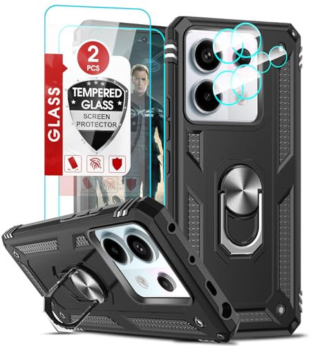 LeYi Hülle für Xiaomi Redmi Note 13 Pro 5G Handyhülle mit 2 Schutzglas & 2 Kamera Folie, Militär Standard Kameraschutz Schutzhülle Metallring Ständer Outdoor Case Redmi Note 13Pro 5 G Cover Schwarz