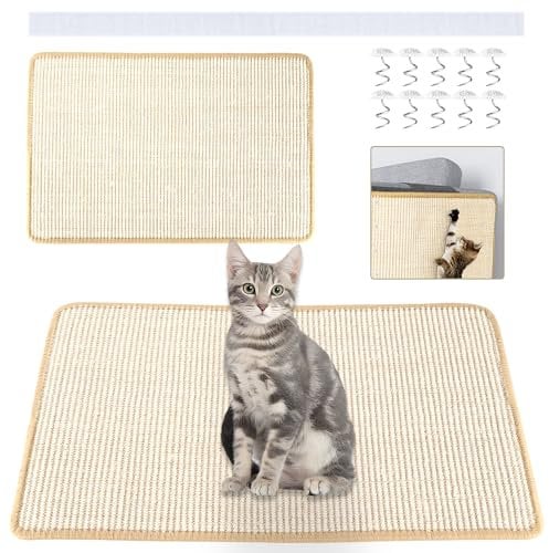 Tapis à gratter pour chat - Mur pour chat - Tapis en sisal - 60 x 40 cm - Résistant - Avec support autocollant et 10 clous en spirale - Pour canapé, meuble, porte, protection contre les rayures