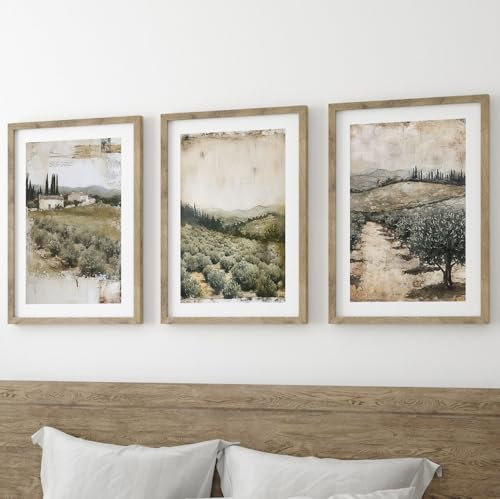 Eviepops Prints Olive Groves Landscape Set of 3 Unframed Wall Prints, Digitally Printed Painting Style, Lounge Bedroom Kitchen Home Décor, Stunning Italian Countryside, Rustic Design (A4)