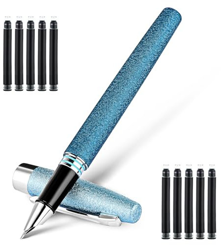Andibro Mattierter Füllfederhalter,Metall Kalligraphie Füller mit 10 Schwarzen Tinten Extrafeiner Spitze Glitzernder Business-Stift Luxus-Stift für Männer Frauen Unterschrift Büro Schule(Blau)