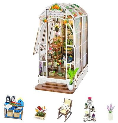 Book Nook Kit Gartenhaus DIY Buch Nook Kits Zimmer Bücherregal Einsatz Miniatur Dekor Kit 3D Holzpuzzle Bücherregal Dekor mit LED-Dekor Geeignet für Erwachsene und Jugendliche Handwerk Geschenke