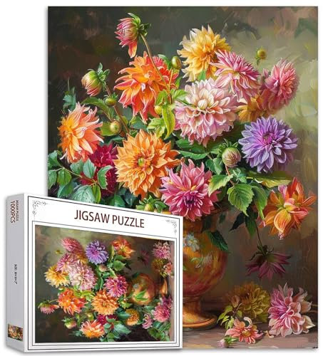 Tucocoo 1000 Teile Puzzle für Erwachsene, Vase mit Dahlie, Blumenmalerei, Puzzle, bunt, florale Vintage-Kunst, 1000 Teile Puzzles für anspruchsvolle Familienaktivitäten, Spiel, DIY-Puzzle,
