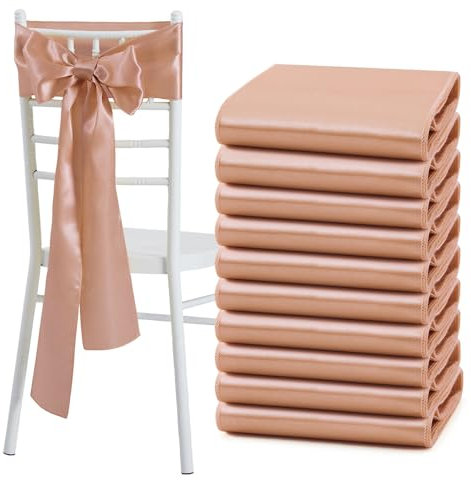 Counfeisly 10 Pcs Rose Gold Satin Chair Sashes Bows Universal Chair Cover for Wedding Reception Events Banquets Party, Hotel Event Decorations, 6 x 108 inch