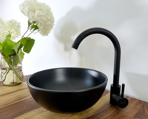 Nero Waschtisch Set Komplettset Keramik Aufsatz Waschbecken rund 28cm +Ablaufgarnitur +Armatur schwarz matt