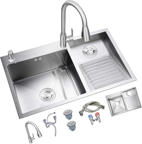 Wrobelax Doppelwaschbecken für Badezimmer, Haushalts-Edelstahl-Waschtisch, Waschbecken mit Waschbrett, ausziehbarer Wasserhahn, leicht zu reinigen (Größe: 80 x 48 x 22 cm, Farbe: rechts)