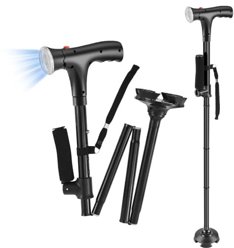 Gehstock Klappbar mit Licht Unterarmstützen Gehhilfe für Senioren Höhenverstellbarer mit Sirene Rutschfester Boden Spazierstock für Herren Damen Gehen zum Bergsteigen Wandern