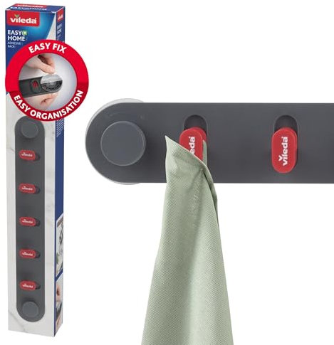 Vileda selbstklebende Hakenleiste Küche & Bad - 5 Haken extra stark - max. Belastung 5 kg - Handtuchhalter ohne Bohren - Ideal für Küche, Badezimmer & Haushalt