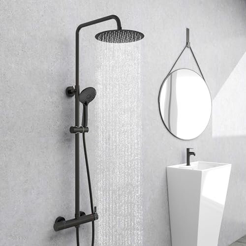AICA ensemble de colonne de douche thermostatique de salle de bain avec robinet de douche thermostatique, douche de tête ronde 25X25CM, noir,hauteur réglable 752mm-1287mm(Style 7)