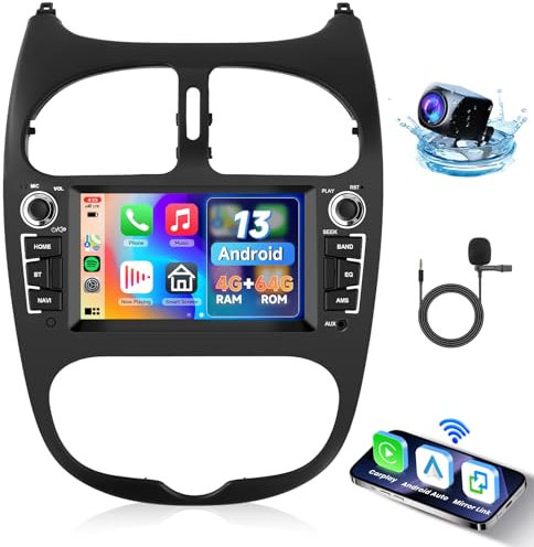 Hodozzy 4G+64G Android Radio para Peugeot 206 206CC 206SW 1998-2016 Citroen C2 2004-2008, Pantalla Táctil de 6,2 Pulgadas con Carplay Android Auto GPS WiFi Bluetooth FM/RDS Radio DSP Canbus Cámara