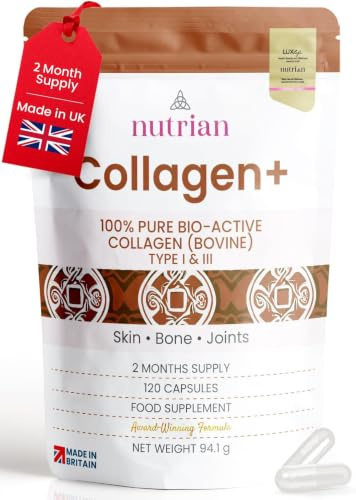 Nutrian Collagen+ | 1200mg Bio-Active Hydrolysed 100% Bovine Collagen Peptides | Grass-Fed, Halal Certified, Made in UK | Type I & III | Skin, Hair, Nails & Joint Support | 120 Capsules