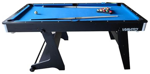 VIAVITO PT100X Folding Pool Billiards Table with Accessories, Space Saving Steady Portable Family Leisure Game Table Set for Kids & Adults w/Cues, Balls, Chalk, Triangle & Brush, Size- 6ft Blue