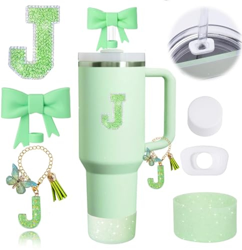 6PCS Green Stanley Cup Accessories Set for Stanley Cup 30 40oz Tumbler with Handle, Including Silicone Bow Straw Covers Cap, Spill Proof Stopper, Glitter Silicone Boot, Handle Charm, letter Patch (J)