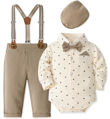 Volunboy Baby pojkar kostym set kläder skjorta med fluga hängslen byxor basker sparkdräkt kostym 5 delar, Khaki prickig, 18-24 månader