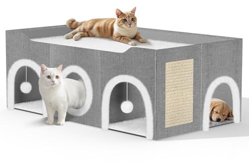 3-Entry Cat Beds For Indoor Cats,Foldable Cat House For Indoor Cats Faux Linen Large Cat Bed With 2 Plush Balls & Scratch Board