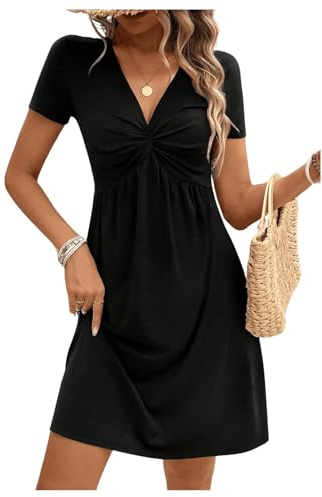 EIRUKON Summer Dresses for Women UK Short Sleeve V Neck A Line Dress Elegant Midi Dresses Ladies Casual Knee Length Dress Twisted Front