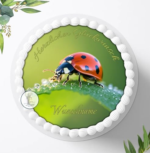 Tortenaufleger Tortenbild Tortendeko Fototorte Marienkäfer, Personalisiert mit oder ohne Wunschname für Jungen,Mädchen und Divers zum Geburtstag, Essbares Foto aus Fondant, Ø 20cm - 2447z